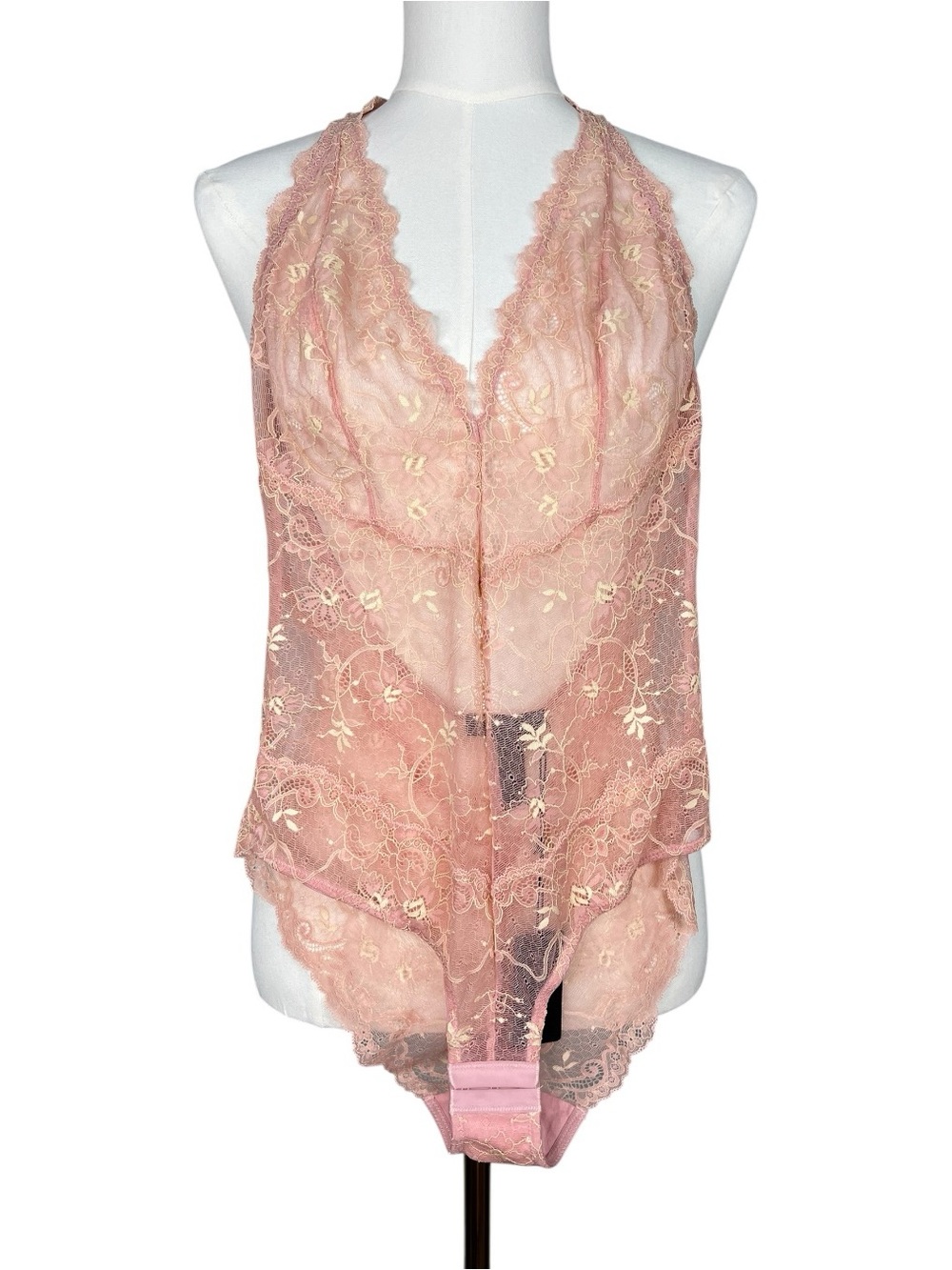 Samantha Chang All Lace Amour Deep Plunge Halter Bodysuit Pink Salt Vanilla M